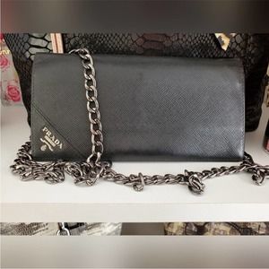 Prada Black Wallet with Silver Chain